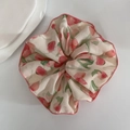 Pink tulip floral print bow scrunchie with french elegant style for hair accessories - 14# Pink Tulip