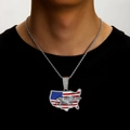 Hip hop US map pendant necklace with American flag design and eagle inlay in silver - Silver Pendant With Rope Chain / 20inch