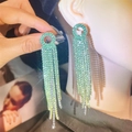 Sparkling long green rhinestone tassel earrings for women elegant bridal jewelry - Green