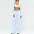 Three-piece light blue yoga set with a zip-up jacket, sports bra and wide-leg pants - S / Top And Bottom / Jacket+Bra+Wide Leg Pants—Magic Blue