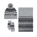 Winter 3-piece knit set including hat with pompom, scarf and gloves in black grey pattern - 322 Grey Jacquard Set