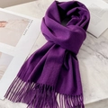 Soft purple pure wool scarf for women with elegant fringe detail on marble background - Violet