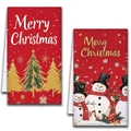 Christmas dish towels set in red with golden trees and snowman patterns for kitchen decor - Christmas Tree and Snowman Style (MJBT66-31) / 2 Pieces/Pack (40*60cm) / Red