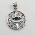Silver evil eye pendant with colorful zircons and blue enamel center on a round metal base - Enamel Round Silver DL0076