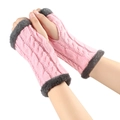 Pink cable knit fingerless gloves with grey faux fur cuffs for winter warmth - One Size / Pink 13#