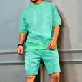 Men's mint green summer cargo set featuring short sleeve t-shirt and multi-pocket shorts - M / Green