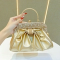 Pochette de soirée dorée plissée élégante avec design noeud et détails en strass - Doré