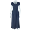 Detail of elegant V-neckline and pleated waist on navy blue A-line maxi dress - S / Black