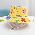 Detail of yellow cotton kids sun hat featuring ocean prints and adjustable wind cord - Yellow-Ocean World