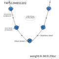 Silver stainless steel necklace with blue square glass stone and delicate beads detail - Necklace / Steel-Blue