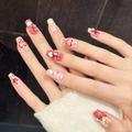 Handmade press-on nails in red and pink with 3D hearts, pearls, and BABY letter charms - XS Extra Small / Short Coffin Style (2975)