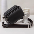 Elegant black lychee grain camera bag with double zippers and striped strap - Black