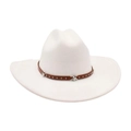 White wool felt western cowboy hat with brown leather star studded decorative band - One Size / White
