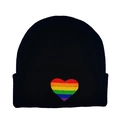 Classic black beanie with rainbow heart embroidery on white background - Black