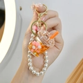 Creative orange boba tea cup keychain with pearl wristlet and golden metal clip - Chain Style / Orange