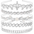 Set of 5 silver bridal headbands with sparkling rhinestones and elegant white pearls - 5-Piece Set Style 14# (As Pictured)