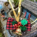 Mini Christmas tree bow with red black plaid pattern, green leaves and gold bell - Christmas Bow 19