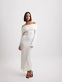Elegant white off-the-shoulder knitted maxi dress with stylish slit cuff details - S / White