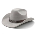 Detail of light grey jazz hat featuring dark brown leather band and silver metal studs - M (56-59cm) / Light Gray