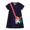 Abito blu navy da bambina a maniche corte con stelle dorate e unicorno arcobaleno - 2T / Blu Navy Stella Unicorno (67331)