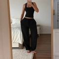 Conjunto de yoga de dos piezas para mujer con top negro y pantalones largos casuales - XS / Negro