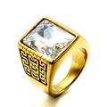 Gold stainless steel ring with large square clear gemstone and Greek key patterns - Gold White
