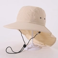 Kids wide brim sun hat with neck flap and chin strap in khaki quick-dry fabric - One Size (52cm) / Beige