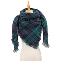 Women's plaid triangle scarf in blue and green check pattern with fringed edges - Green Plaid