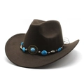 Close-up of brown felt western cowboy hat featuring ethnic turquoise beaded band - M(56-58cm) / Brown