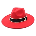 Detail of red wool felt fedora featuring a black ribbon with delicate white bead accents - M (56-58cm) / Red
