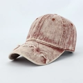 Vintage washed red and beige denim baseball cap with distressed frayed brim details - Adjustable / Burgundy