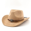 Khaki felt western cowboy hat featuring a dark beaded band and bull skull metal ornament - M (56-58cm) / Camel