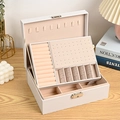 Large white PU leather jewelry box with double-layer storage and metal lock closure - Upgraded White (Plain Grain) / 23x17x8cm