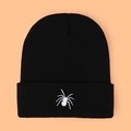 Winter black knit beanie with white spider embroidery in a classic minimalist cuffed style - One Size / Black With Spider Embroidery