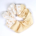 Champagne satin hair scrunchie with daisy floral print and white pearl accents - Single Scrunchie / Yellow