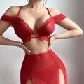 Sexy rotes Dessous-Set aus Spitze und Mesh mit schulterfreien Ärmeln, zweiteilig - S / Rot