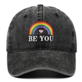 Casquette de baseball en coton lavé noir avec broderie arc-en-ciel Be You et cœur rose - Taille unique / Noir
