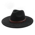 Chapeau fedora en suédine noire à large bord avec ruban en cuir gaufré marron et boucle - Noir (Daim)