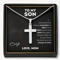 Silver stainless steel cross necklace for men presented in a gift box with a message card - To My Son (Mom)-Silver Cross Necklace