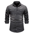 Detail of grey striped denim shirt with double chest pockets and washed texture - S / Black