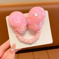 Pink sequin bow hair tie for girls with sparkling center on handmade display card - Pink Sequin Bow (Hair Tie)