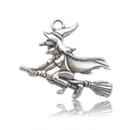 Antique silver witch on broomstick charm pendant made of vintage alloy material - 32x37mm / Wizard