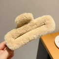 Large light brown plush square hair claw clip with soft faux fur texture for women - Plush Long Rectangular Style / Khaki