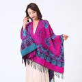 Fuchsia and blue paisley knit shawl with black tassels and floral pattern for women - Rose Red/Leaf Paisley