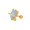 Golden stud earring featuring a sky blue cat-shaped planet stone and clear zircon - Cat (K-366)