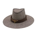 Western cowboy sun hat in taupe fabric with a metal bull head emblem and studded band - One Size / Grey (Gold Bull Head)
