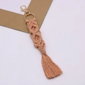 Handmade woven cotton tassel keychain in beige with golden metal lobster clasp - Brick Red