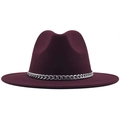 Front view of a maroon wide brim felt fedora hat with a decorative silver chain band - Burgundy