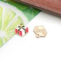 KC gold enamel gift box charm with festive red and green bow for DIY jewelry making - 1Pc Enamel Christmas Gift Box Charm - 15x15mm
