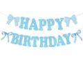 Striscione HAPPY BIRTHDAY glitter blu con fiocchi di raso e dettagli del prodotto - Striscione di Buon Compleanno / Azzurro